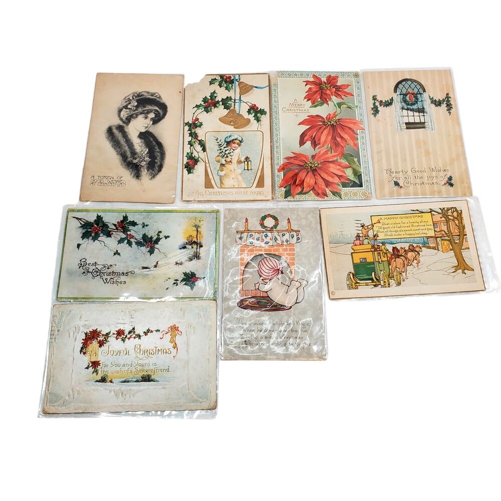 Junk Drawer Lot of 8 Vtg Christmas Postcards Holiday 5.5" x 3.5"